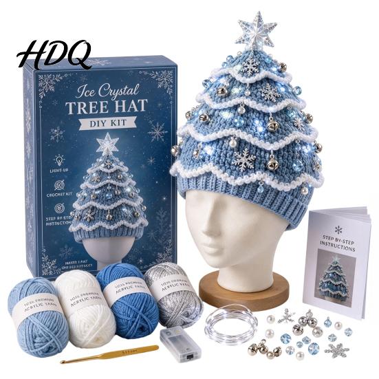Parent Child Interaction Craft Christmas Tree Crochet Hat DIY Kit Beginner-Friendly Light-Up Kit Complete with Yarn Tools Guide for Holiday