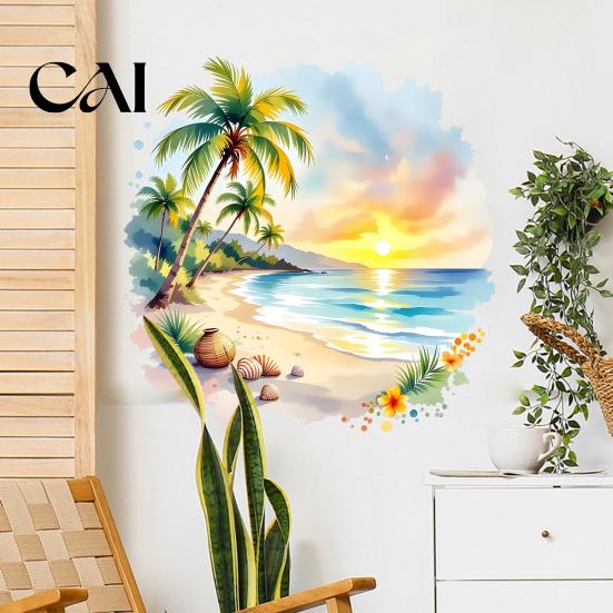 Tropical Landscape Wall Decor Sunset Palm Tree Seaside Decal, Watercolor Summer Beach Sticker, Art Coconut for Kids Bedroom Nursery Home Decorative
