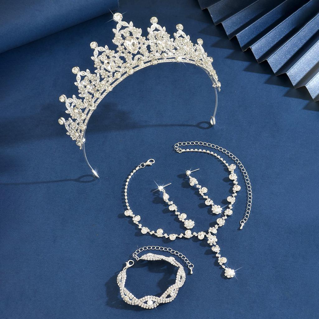 Ladies' Fashion Waterdrop Geometric Simplicity Gorgeous Elegance Crown Necklace Earrings Bracelet Zircon Set