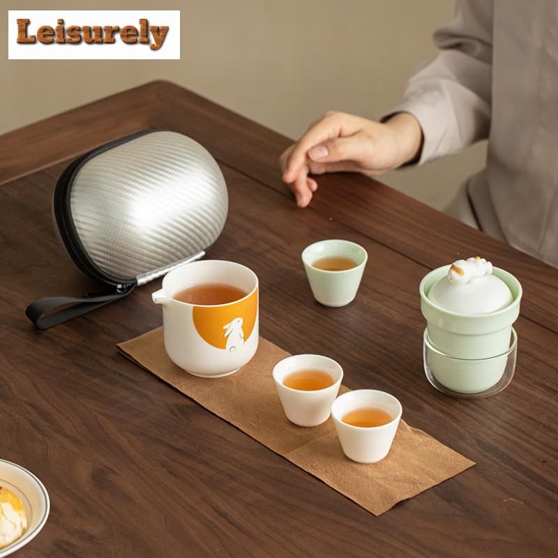 Creative Rabbit Flying Moon Poratble Travel Tea Set Kit Aesthetic 1 Pot 3 Cups Tea Maker Outdoor Handbag Accessories Ornaments