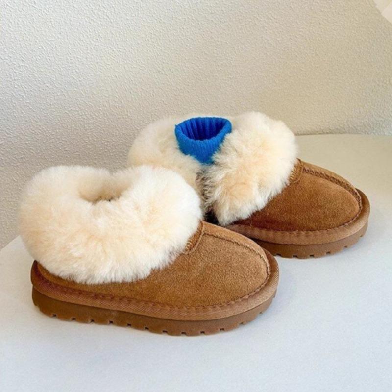 Children's Genuine Leather Snow Boots Lamb Wool Cotton Shoes Korean Style Plus Velvet Thickened Loafers