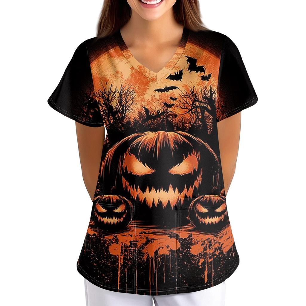 Women's Halloween Print Short Sleeve V-Neck Scrub Top with Pockets Loose Fit