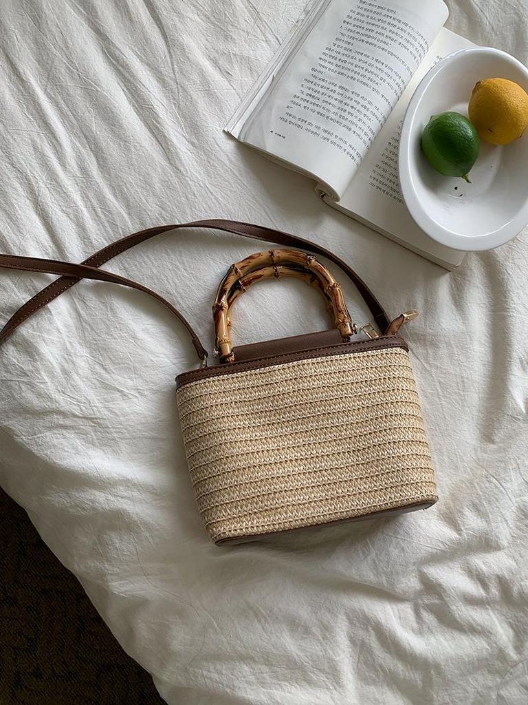 Summer 2025 Woven Straw Crossbody Handbag - Textured Small Bucket Bag for Women