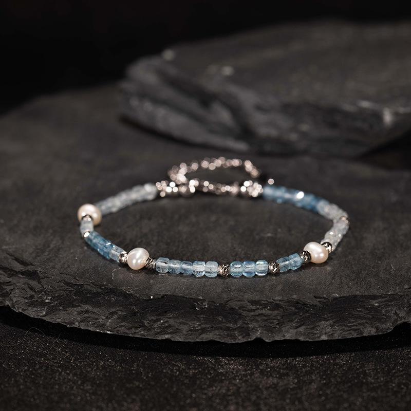 S925 Sterling Silver Colored Jewelry Natural Aquamarine Beaded Necklace Female Xiaohongshu Wechat Channels