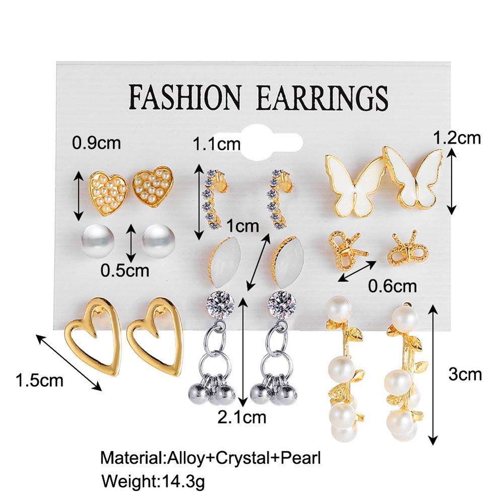9 Pairs Women Earrings Butterfly Heart Geometric Ear Stud Creative Retro Crystal Pearl Earrings For Gift