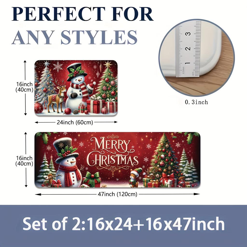 2Pcs Anti Fatigue Kitchen Rugs Christmas  Waterproof Non-Slip Thick Cushioned Kitchen Mat Heavy Duty Comfort Standing Mat for Kitchen