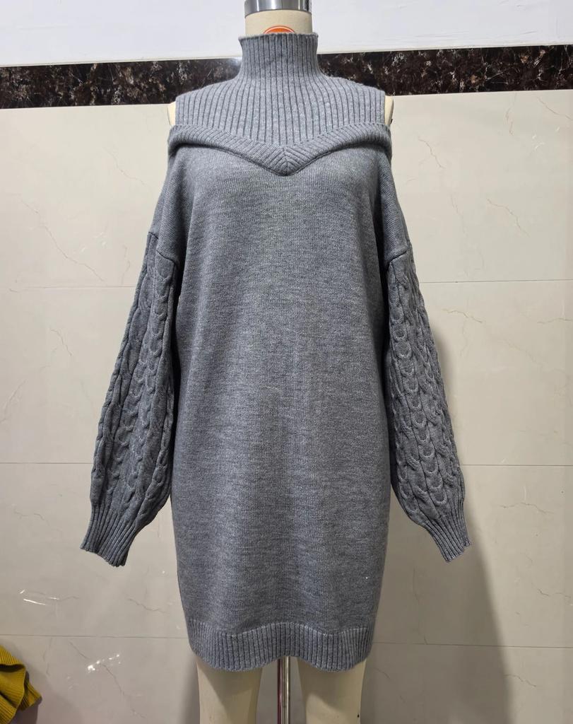 Open-shoulder Loose Semi-turtleneck Sweater with Lantern Sleeves