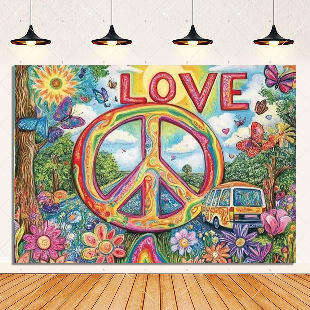 Colorful Hippie Bus Background Banner Bohemian Style Theme Backdrop Supplies Love And Peace Party Decorations Photography Props