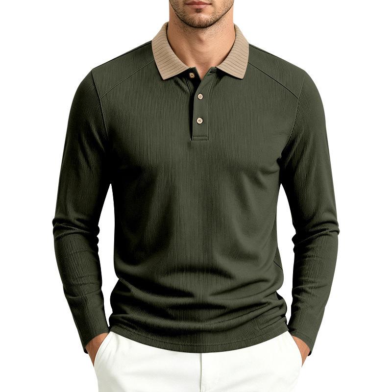 Men S Long Sleeve Polo Shirt Ribbed Collar Solid Color Casual Spring Autumn