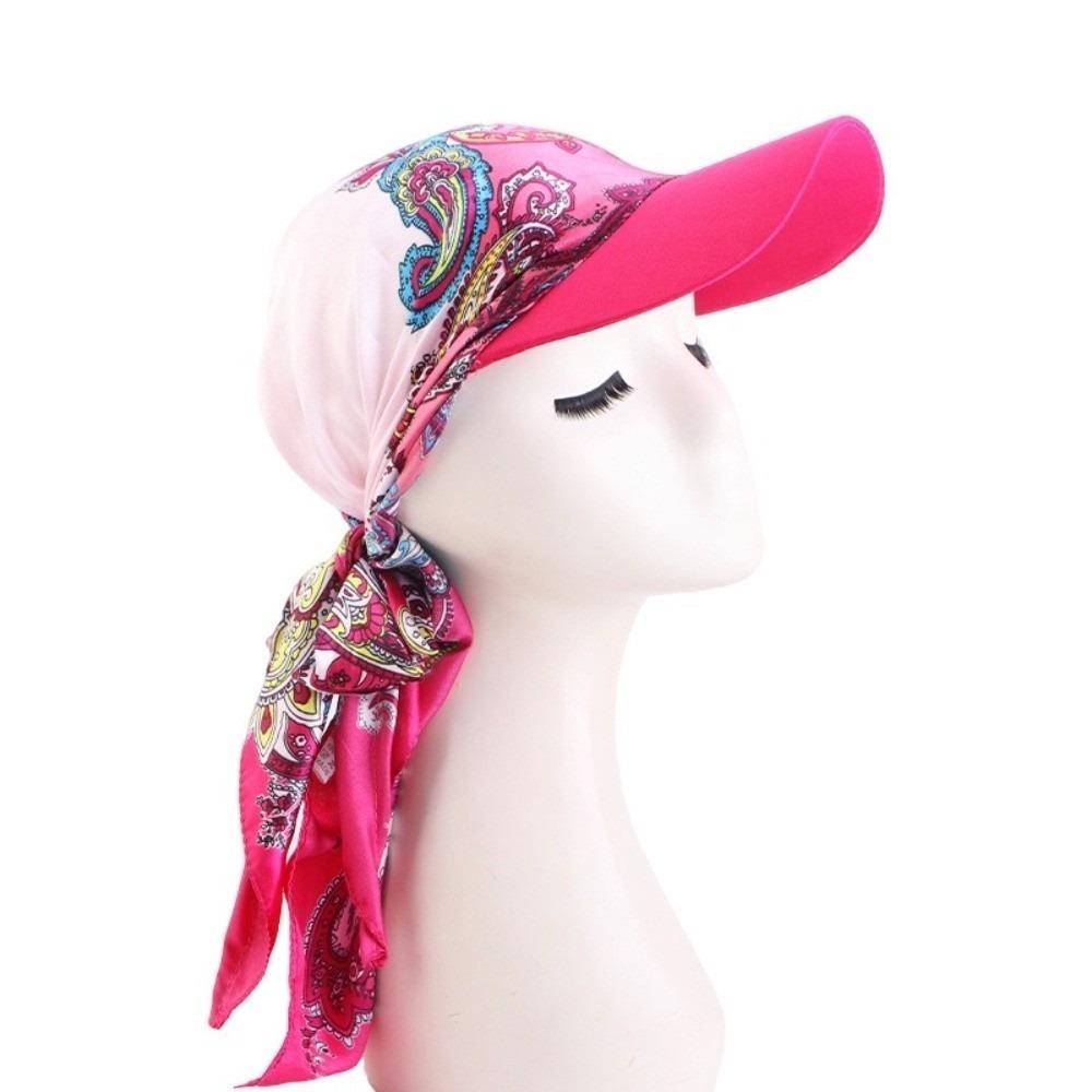 

UV Protection Baseball Hijab Cap Soft Hijab Bonnet Tie-On Printed Satin Headscarf Hat Summer Rose Red