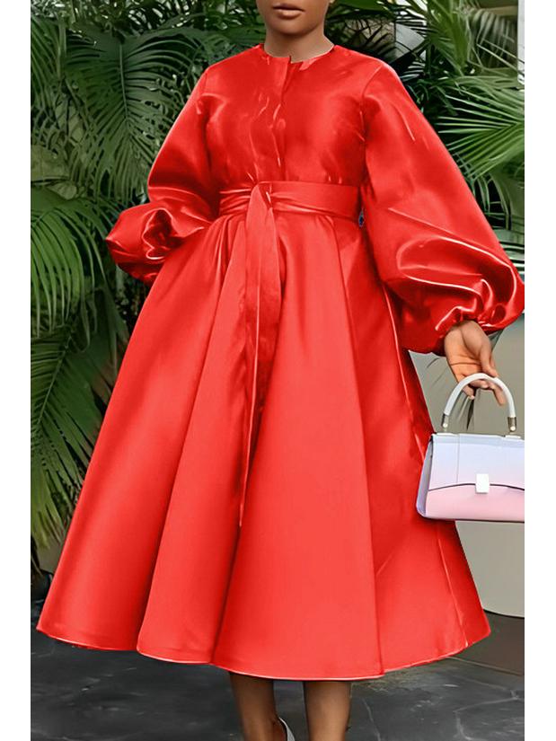 European & American Women's Solid Color Shiny Lantern Sleeve Dress