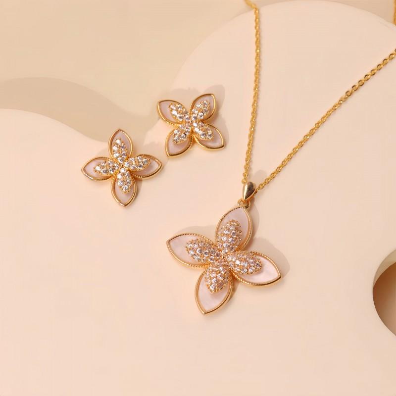 Gold Plated Clover Leaf Jewelry Set Women - Earrings Necklace Minimalist Fashion Accessory Hypoallergenic Copper Alloy