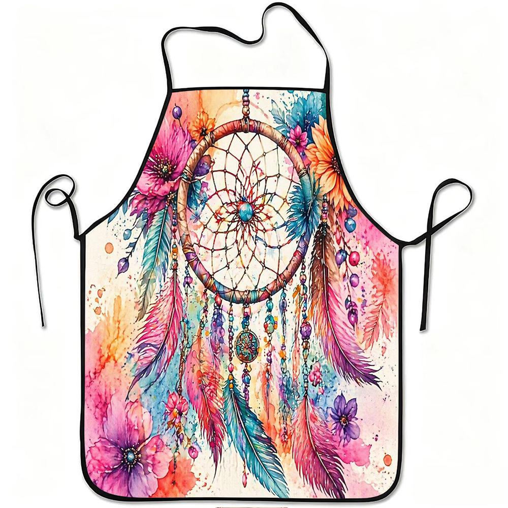 1pc Boho Dreamcatcher Apron with Feather & Floral Watercolor Print - Adjustable Waistband, Durable Easy-Clean Polyester Suitable for Kitchen Cooking,