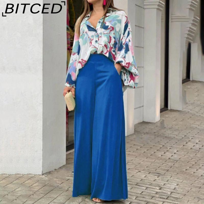 

BITCED Літній жіночий принтований стиль сорочки, вільний та дихаючий, стильні штани, модний та повсякденний комплект S синій