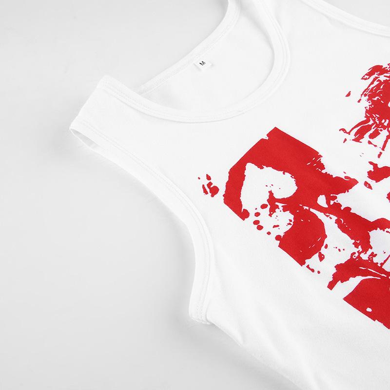 Summer European and American Spicy Girl Style Street Exposed Navel Abstract Print INS Round Neck Basic Vest