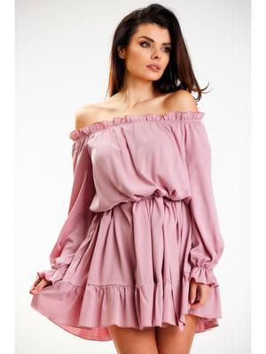 Trapeze Dress with Ruffles and Long Viscose Sleeves, Dusty Pink S/M