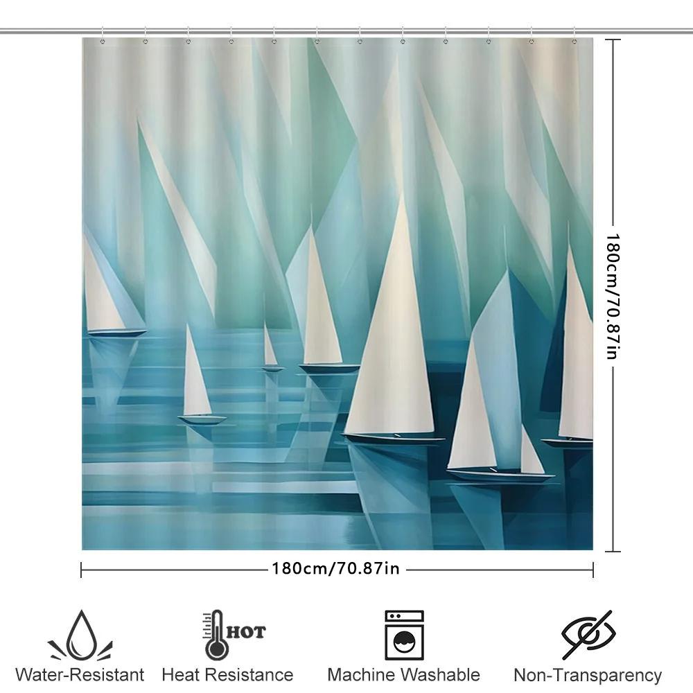 Blue Sailboat Shower Curtainmodern Geometric Design For Bathroom Decor Waterproof Fabric Home Decoration With Rod