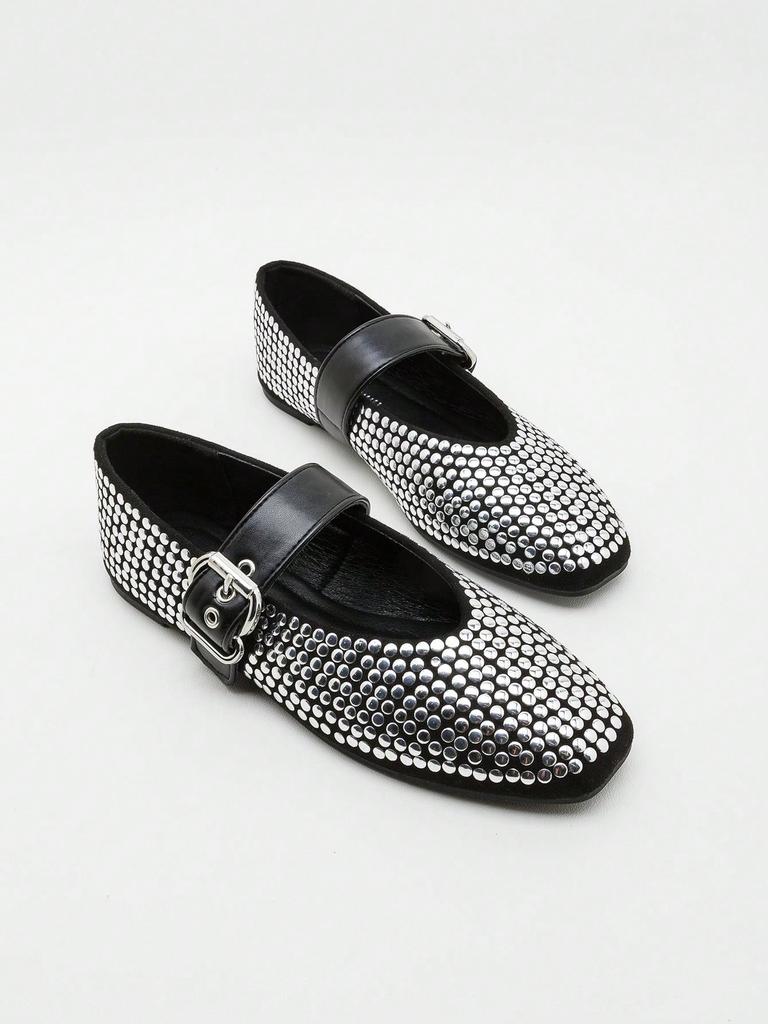 Schwarze Mary-Jane-Flats mit durchgehenden Silber-Pailletten & breitem Einzelriemen mit Schnalle