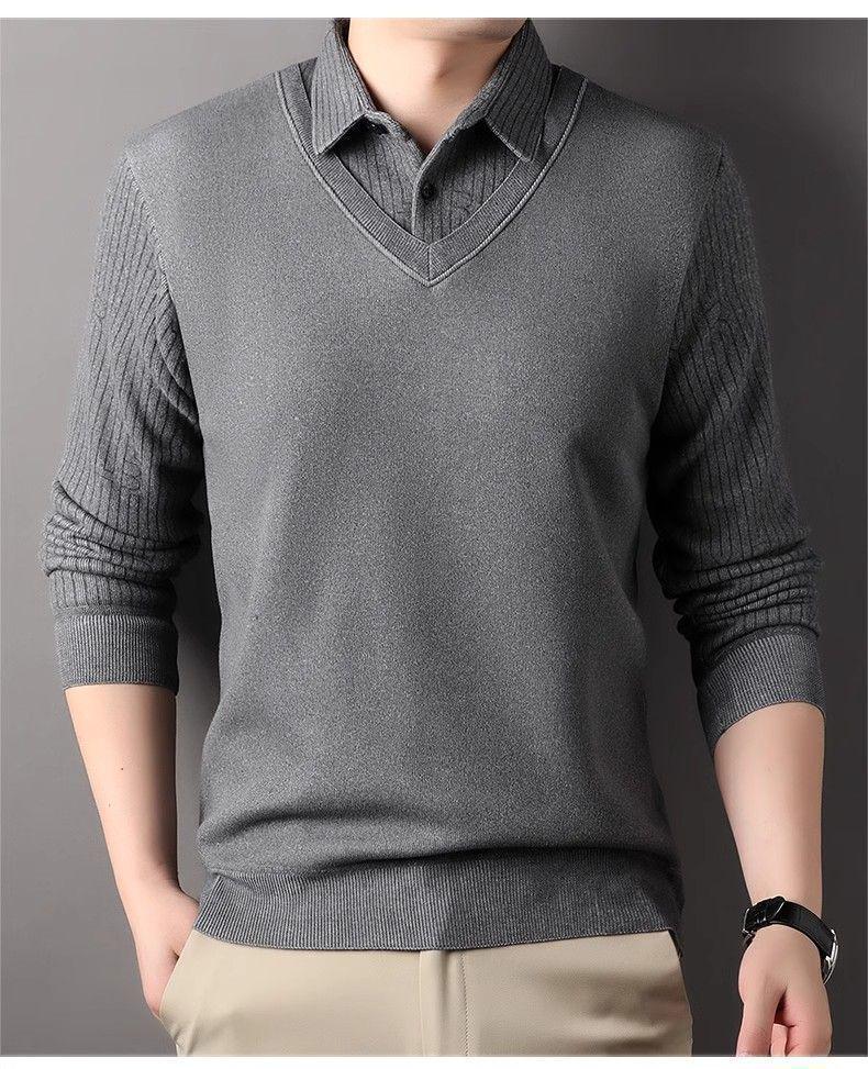 Men's Faux Two-Piece Lapel Knit Sweater - Thermal Velvet Base Layer for Autumn/Winter