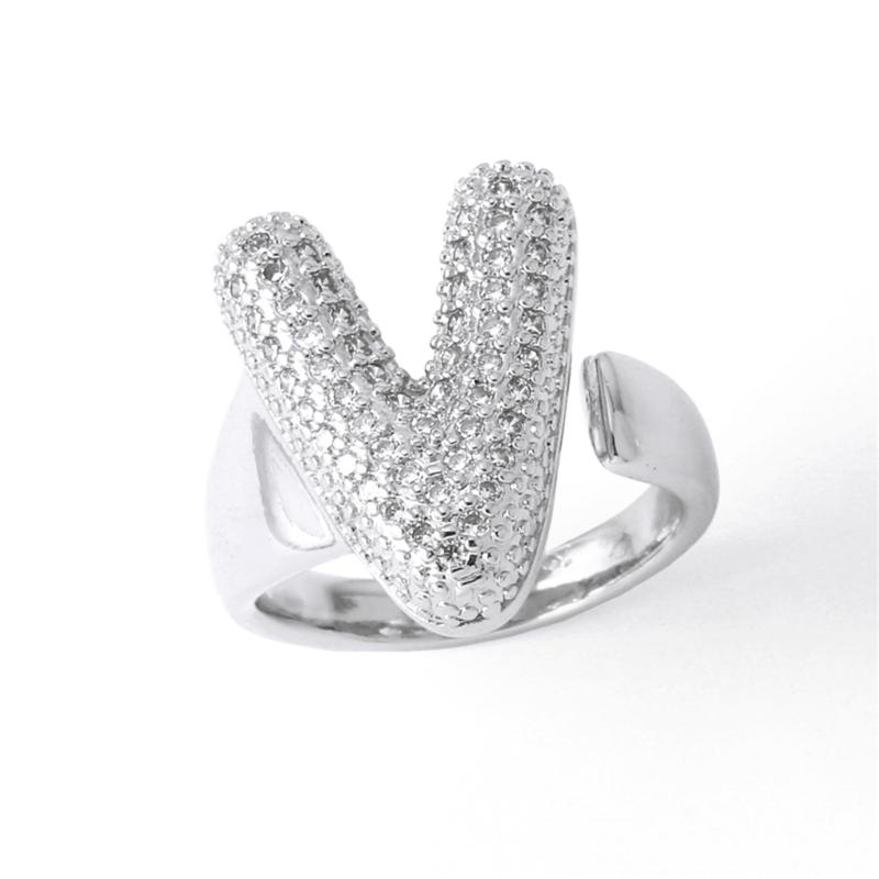 Letter Design Ring with Clear Stone Detail, Copper Base Fashion Jewelry for Daily Outfits, Party Styling and Gifts