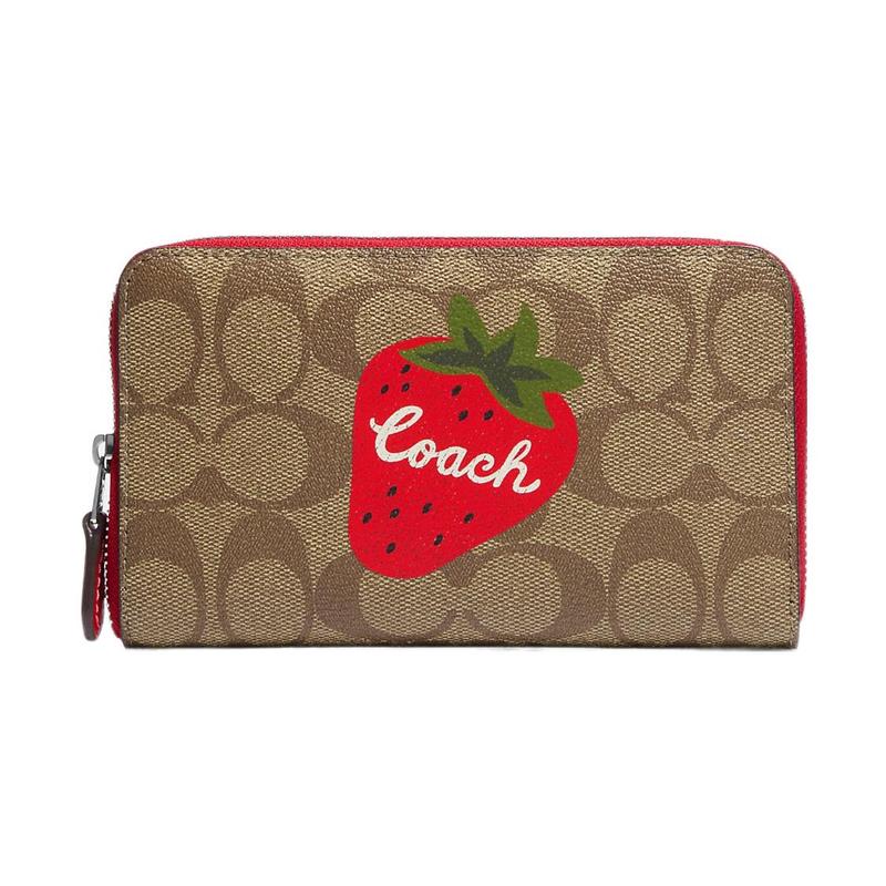 COACH Id Zip Wallet 17 Wild Strawberry Print Classic Presbyopia Logo Canvas with Leather Wallet Medium Women s Ebony and Red красный