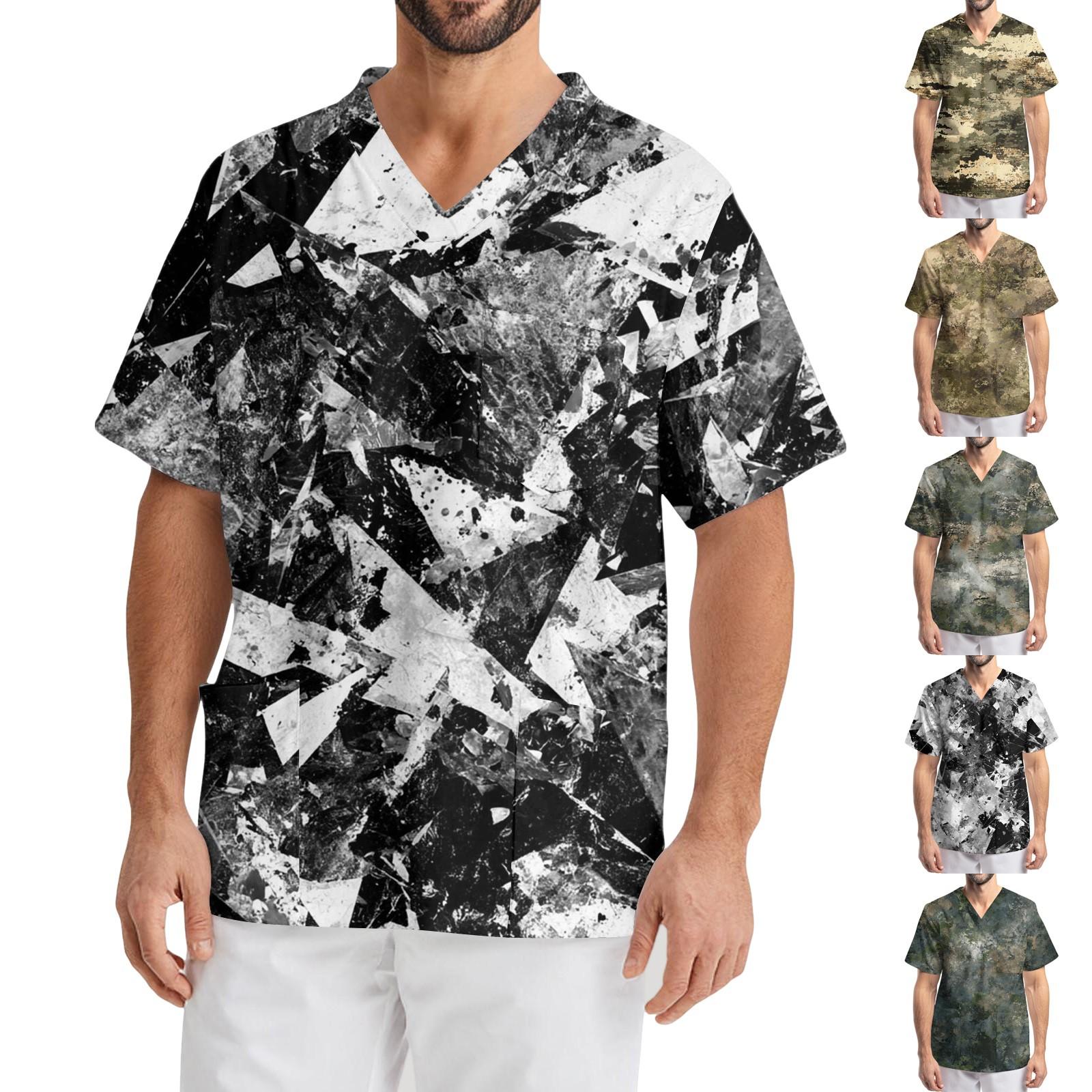 

Men s Printing Short Sleeve V-neck Working Blouse Chest Pocket Carer Top XL білий