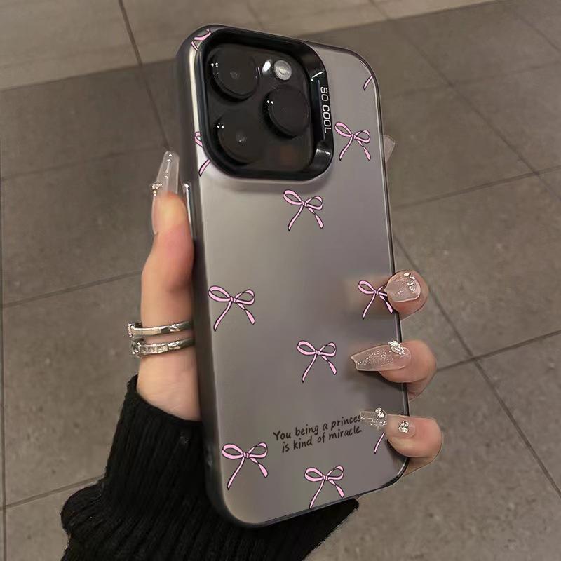Ins Korean Simple Pink Bow Phone Case for iPhone 15 Pro Max 14 13 12 11 XS X XR 7 8 Plus 15 Luxury Lens Protection Laser Cover