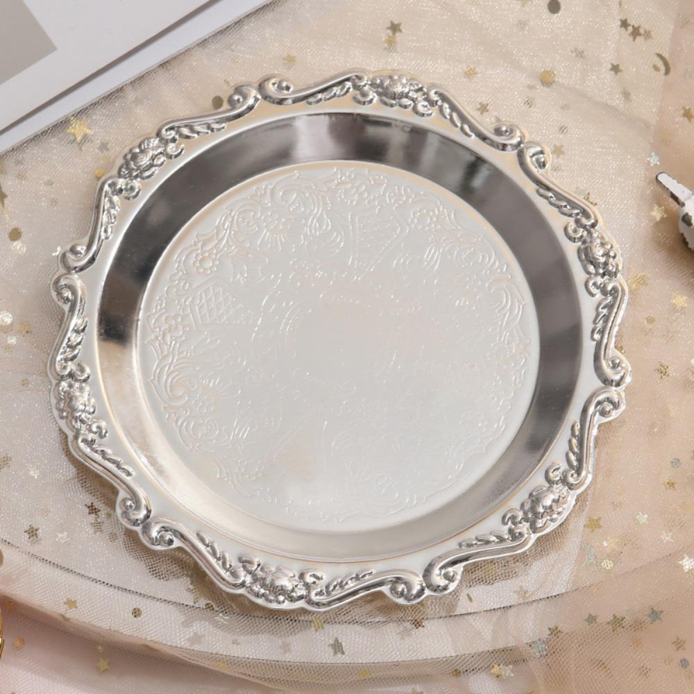 Golden Silver Cake Tray Round Dinner Serving Tray Retro Fruit Snack Plate  Party Decorative