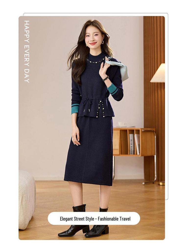 2026 Beaded Knit Sweater Dress - Women's Mid-Length Autumn Winter Solid Color Vest Dress