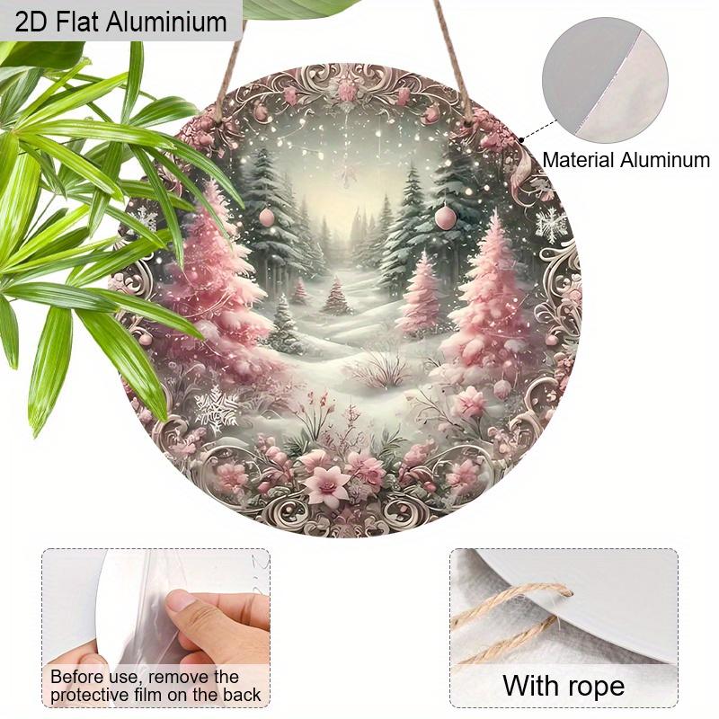 2D Flat Aluminium Pink Christmas Sign with Christmas Trees Pattern - Romantic Figurine Ornaments - Ideal for Front Door, Wall, Porch, Window Decor