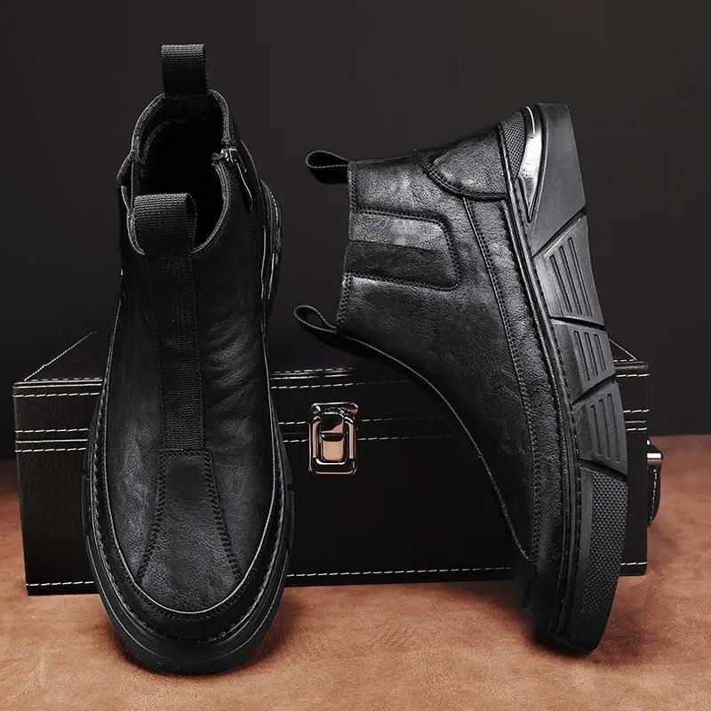 Fashion Leather Shoes for Men High Top Slip-on Quality Fashion Free Delivery Shipping Man Casual Chelsea Boots Retro Classic Original Pu