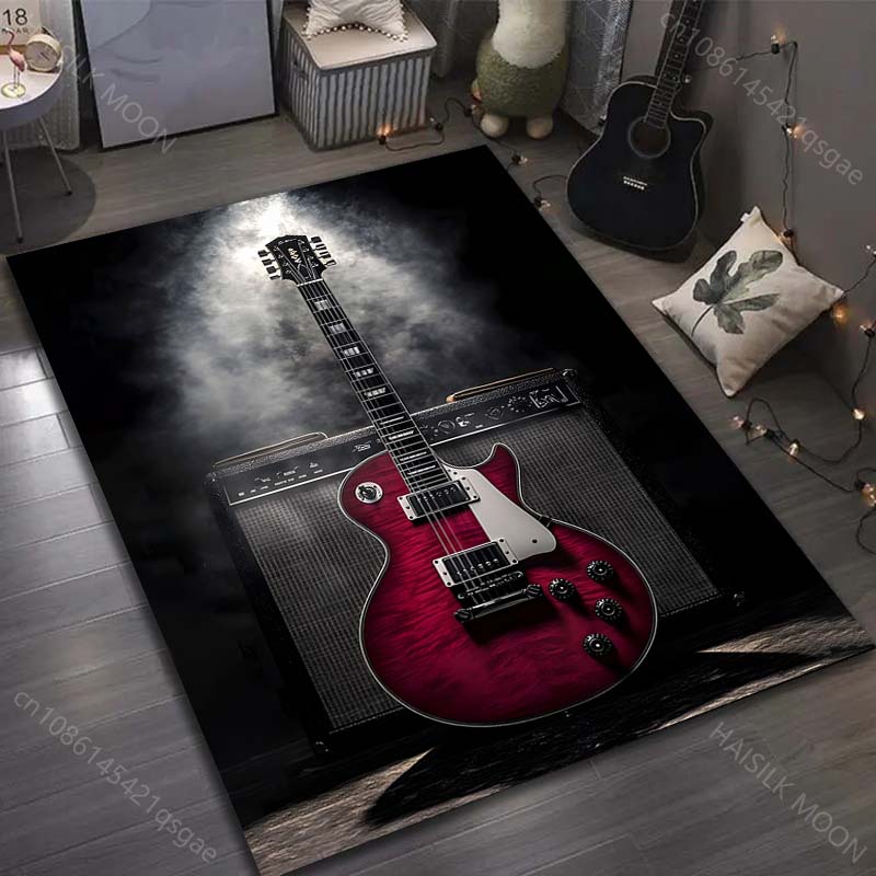 Roter Gitarren- und Stereo-Print Teppich für Schlafzimmer, Wohnzimmer, Bettseite, Sofa, Bodenmatte, moderne Heimdekoration, Bereichsteppich, Luxusgeschenk