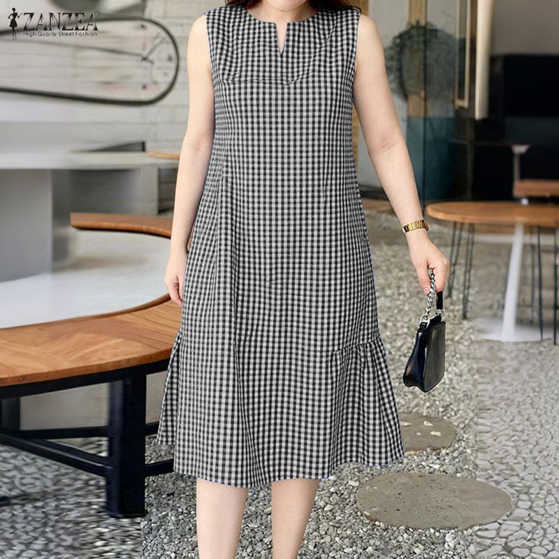 ZANZEA Women Casual V-Neck Grid Print Summer Sleeveless Dress S чёрный