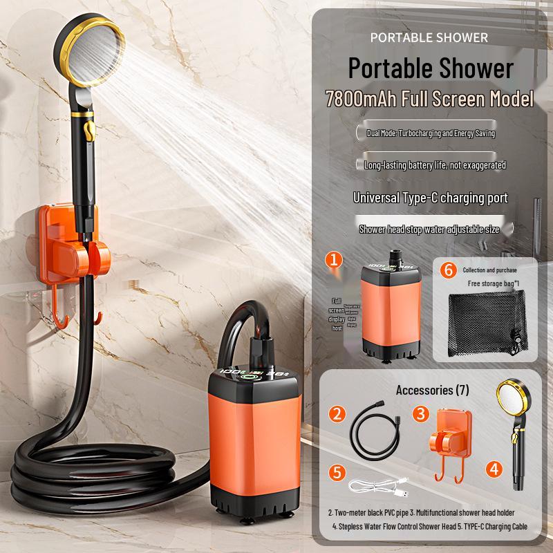 Electric Camping Shower Set with Rechargeable Pump and Water Bag.