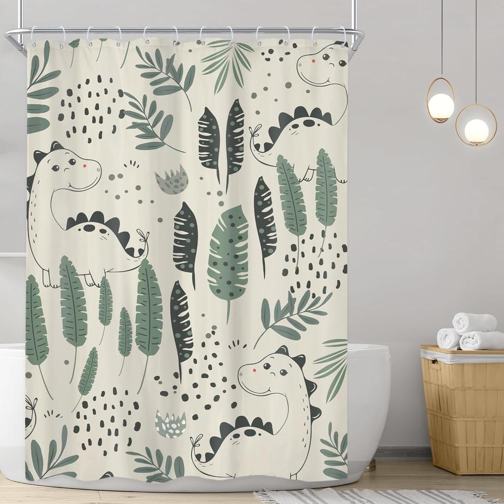 Tenda da Doccia Divertente per Bambini con Dinosauri Box Piccolo Carino Cartoon Verde Animali Dinosauri Foglie Tropicali Pianta Beige Bella Decorazione Bagno