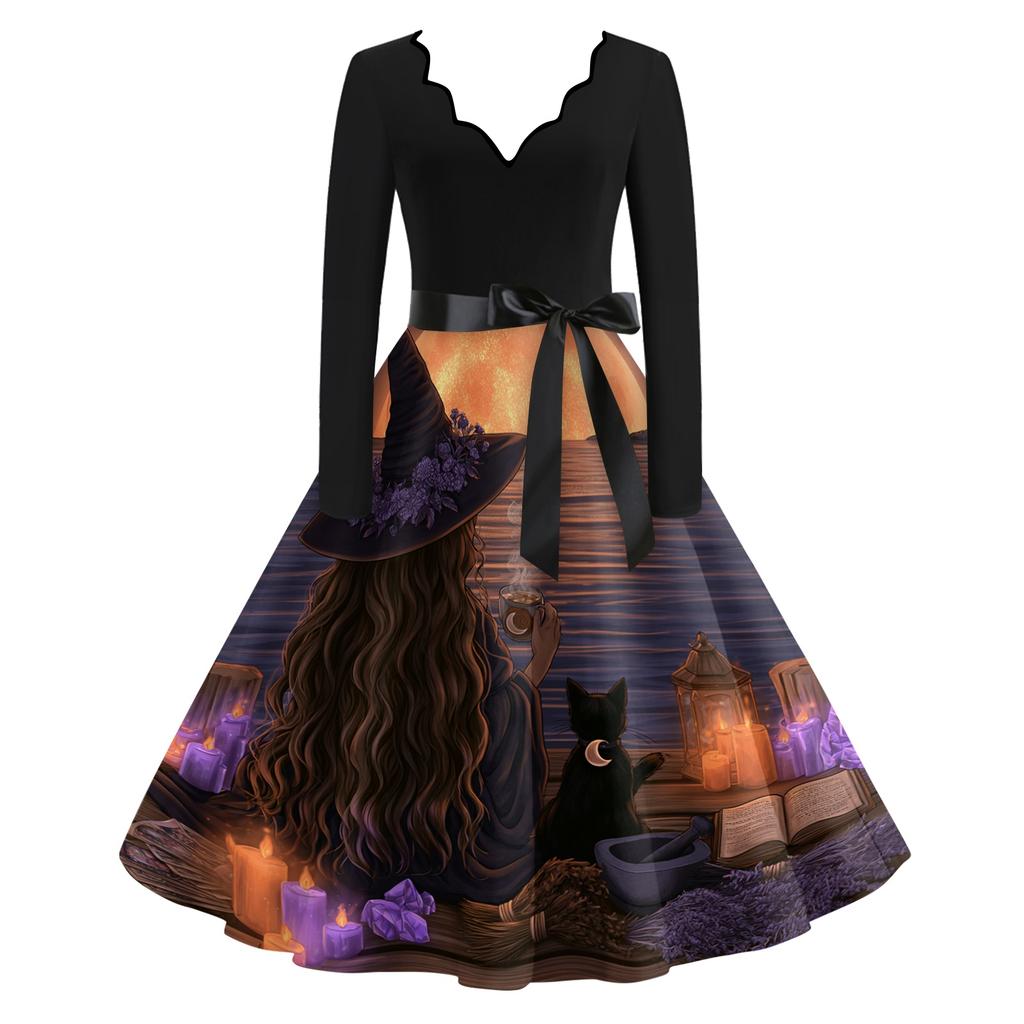 Women's Casual V-Neck Long Sleeve Halloween Print Retro Dress