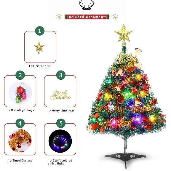 24"/60cm Tabletop Xmas Tree, Artificial Mini Christmas Pine Tree with LED String Lights & Ornaments