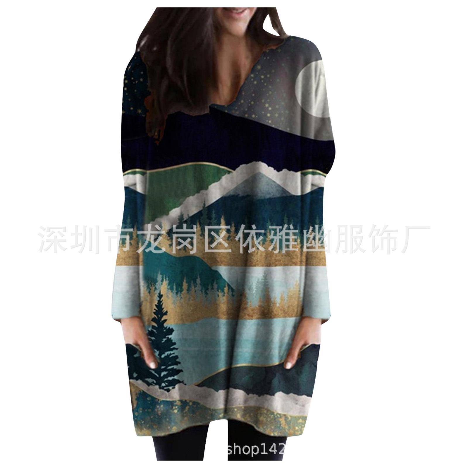 Amazon popular wish independent station 2022 autumn and winter new landscape painting long-sleeved printed dress spot S