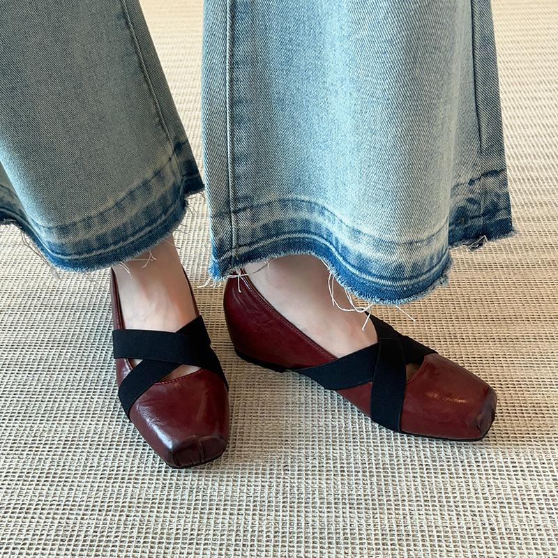 Sheepskin Version~ Cross-strap One-pedal Pig Nose Ballet Shoes Women's Retro Square Head Shallow Mouth Flat Bottom Mary Jane Single Shoes