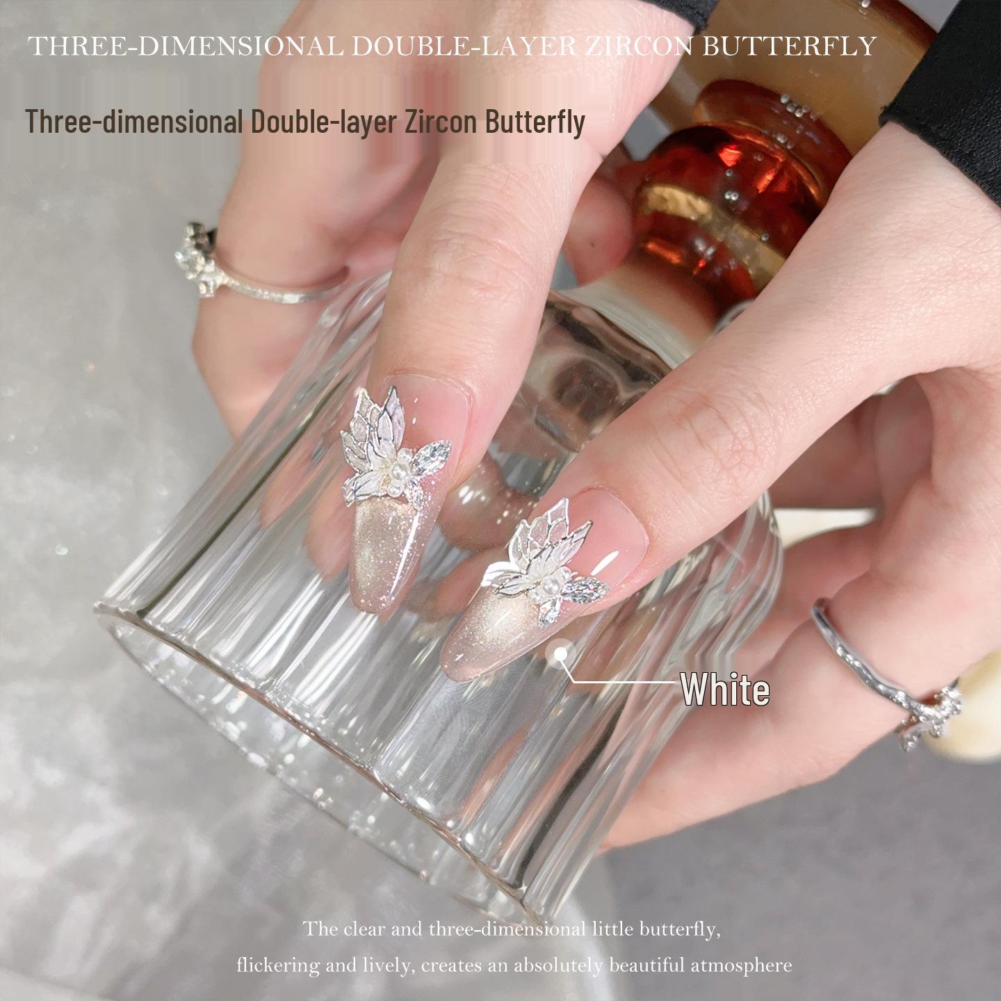 2025 Zircon Butterfly Rhinestone Double Layer 3D Wearable Nail Art Decoration - Super Shiny White 3 Pieces