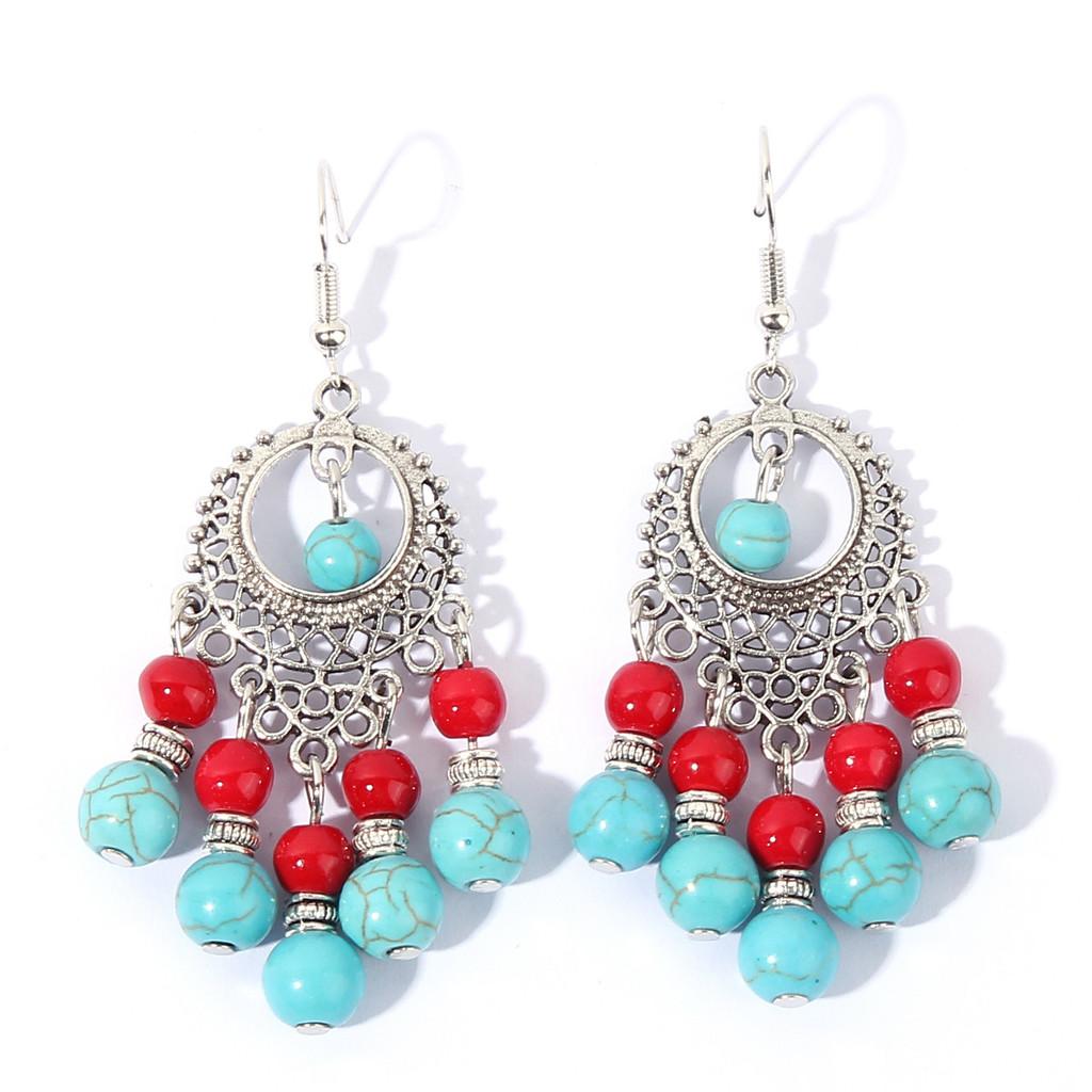 Turquoise Ethnic Simulation Beaded Earrings With Silver Filigree For Wear Daily