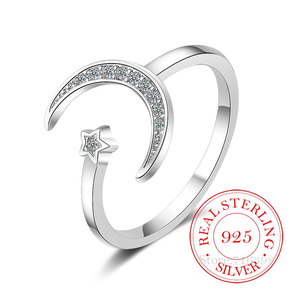 

100% 925 Solid Real Sterling Silver Fine Jewelry Moon Star CZ Cocktail Opening Ring Sizable for Women Girl Gift resizable