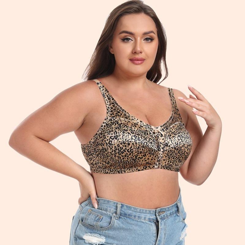 Printed Leopard Print Wire-free Full-cup Bra for Plus-size Girls Ultra-thin Cups No Padding