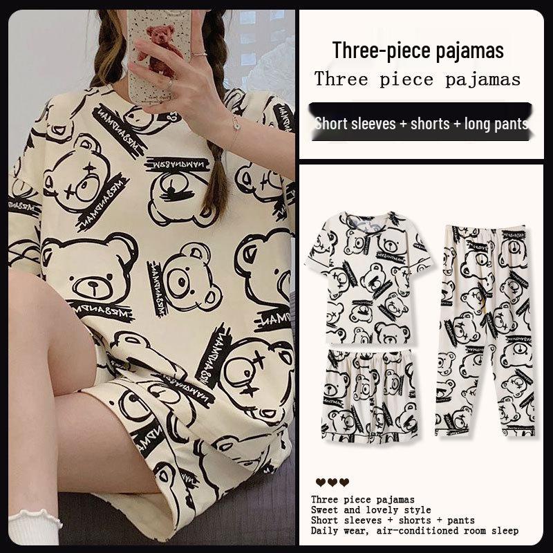 Women's Loose Summer Cartoon Pajama Set: Cute Short Sleeve Top & Long Pants for Spring/Autumn