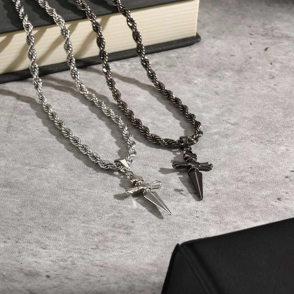 Cool Punk Sword Cross Pendant Necklace for Men Stainless Steel Twist Chain Necklace Fashion Casual Style Jewelry