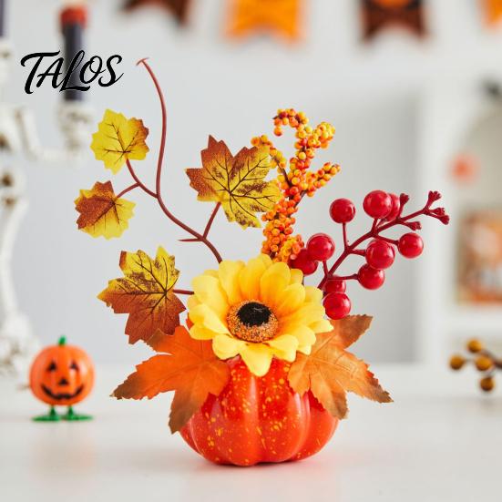 Indoor Decorative Harvest Fruit Fall Artificial Pumpkin Table Centerpiece, Autumn Fake Decoration with Sunflowers, for Desk Maple Leaves Berries