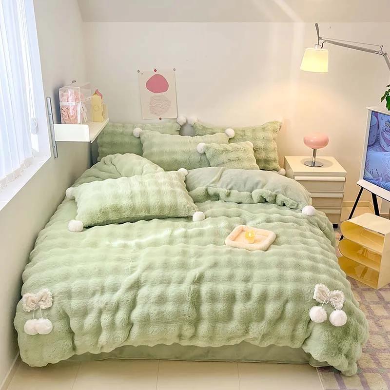 

Tuscan Faux Fur Warm Fluffy Bedding Set for Winter Skin Friendly Warmth Plush Duvet Cover Set Queen Thickend Blanket Cover Sets Bed 180cm 4pcs&Flat Sheet зелений