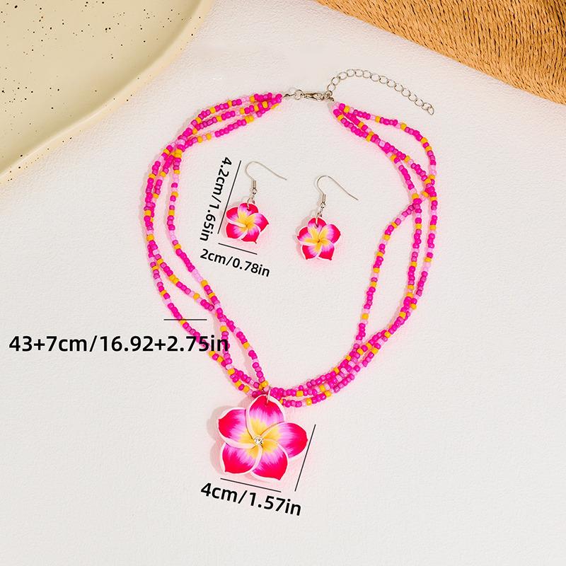 Ladies Jewelry Set Cute Fashion Seaside Beach Colorful Flower Earrings Girls Sweet Elegant Wax Rope Braided Necklace
