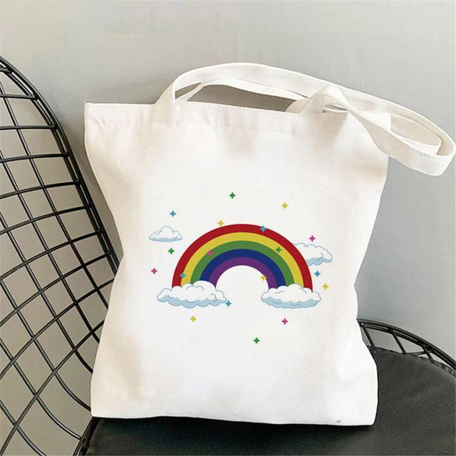 Cute Rainbow Shopping Bags Eco Shopper Canvas Jute Bag Reusable Woven Bag Funny Women'S Shoulder Bags Kawaii Girls