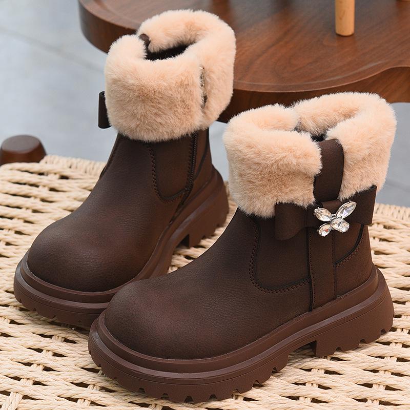 Girls  2025 Winter Leather Boots: Fleece Lined, Non-Slip, Stylish Two-Layer Cotton Design. Size 36, Inner Length 22.7cm